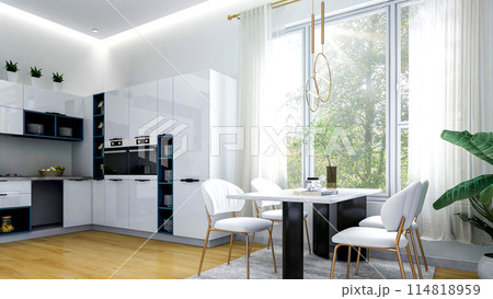 White modern contemporary stylish kitchen room interior, 3D Rendering 114818959