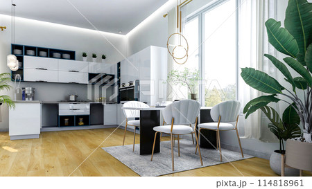 White modern contemporary stylish kitchen room interior, 3D Rendering 114818961