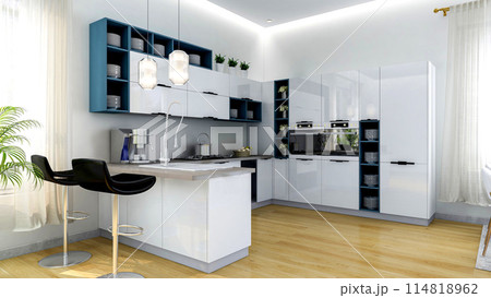 White modern contemporary stylish kitchen room interior, 3D Rendering White modern contemporary stylish kitchen room interior, 3D Rendering 114818962