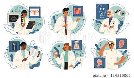 Male and female doctors cartoon characters set Male and female doctors cartoon characters set 114819063