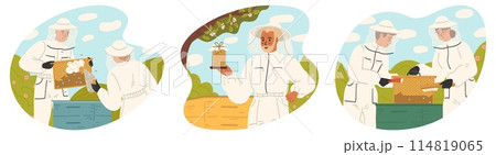 Beekeepers collecting honey harvesting at apiary scene set 114819065