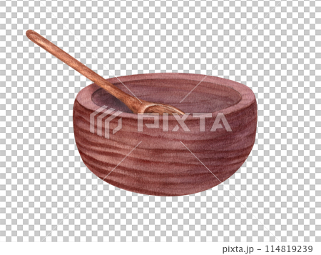 Organic wooden Bowl with Spoon Set. Kitchen wooden utensil for cereal, Acai. Cooking crafted tools for food. Non toxic, organic materials. Watercolor illustration. Template for home decor, cookbook 114819239