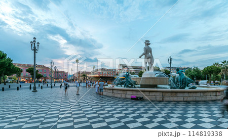 The Fountain du Soleil on Place Massena square Nice day to night timelapse, French Riviera, Cote d'Azur, France 114819338
