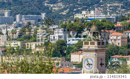 Bright sun lights red roofs of the old city timelapse. Aerial view from Shatto's hill. Nice, France Bright sun lights red roofs of the old city timelapse. Aerial view from Shatto's hill. Nice, France 114819341