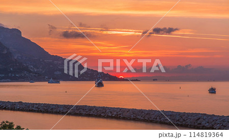 Sunrise view of sea and landscape timelapse from Beaulieu sur mer, France. 114819364