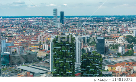 Milan aerial view of modern towers and skyscrapers and the Garibaldi railway station in the business district timelapse 114819373