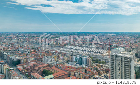 Milan aerial view of residential buildings and the central railway station in the business district timelapse 114819379