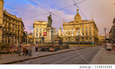 Cordusio Square and Dante street with surrounding palaces, houses and buildings at sunset timelapse Cordusio Square and Dante street with surrounding palaces, houses and buildings at sunset timelapse 114819388