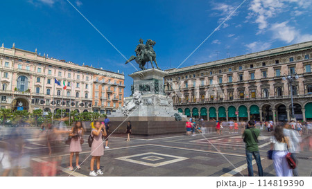 Vittorio Emanuele II statue at Piazza del Duomo timelapse hyperlapse. Milan in Lombardy, Italy. 114819390