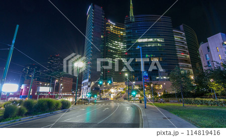 Milan skyline with modern skyscrapers in Porta Nuova business district night timelapse hyperlapse in Milan, Italy Milan skyline with modern skyscrapers in Porta Nuova business district night timelapse hyperlapse in Milan, Italy 114819416