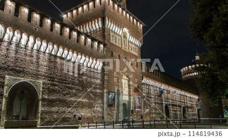 Main entrance to the Sforza Castle and tower - Castello Sforzesco day to night timelapse, Milan, Italy 114819436