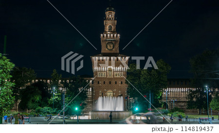 Main entrance to the Sforza Castle and tower - Castello Sforzesco night timelapse, Milan, Italy 114819437