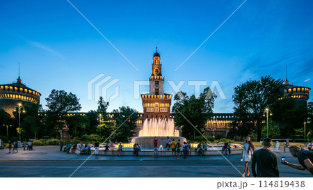 Main entrance to the Sforza Castle and tower - Castello Sforzesco day to night timelapse, Milan, Italy Main entrance to the Sforza Castle and tower - Castello Sforzesco day to night timelapse, Milan, Italy 114819438