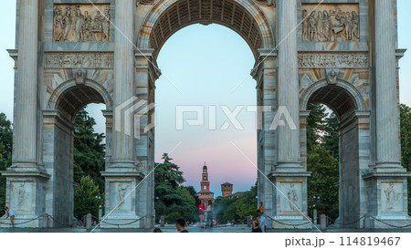 Arch of Peace in Simplon Square day to night timelapse. It is a neoclassical triumph arch 114819467