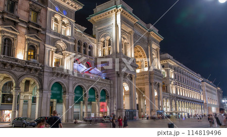 Night view of Vittorio Emanuele II Gallery timelapse in Milan, Italy 114819496
