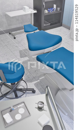 Empty dentist workplace - dental unit, comfortable chair and tools in bright clean interior of medical clinic office. Dentistry surgery room with modern equipment. With no people 3D illustration. 114819529