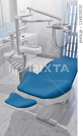 Bright dentist clinic office interior with empty dental unit - comfortable chair and modern medical equipment. With no people dentistry operating surgery room 3D illustration from my 3D rendering. 114819532