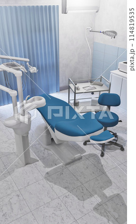Empty interior of bright dentist clinic office with dental unit - comfortable chair and medical tools. Dentistry surgery room with modern equipment. With no people 3D illustration from my 3D rendering 114819535