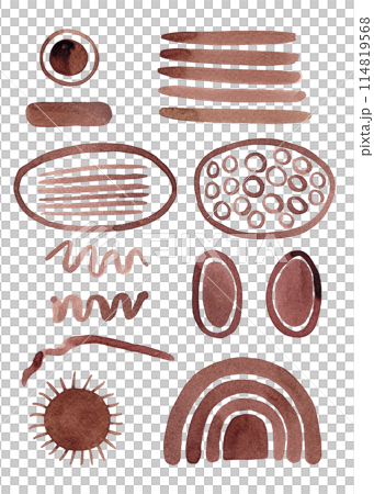 Clipart of abstract shapes and symbols with watercolor brush. Brown paint. Isolated elements for your design 114819568