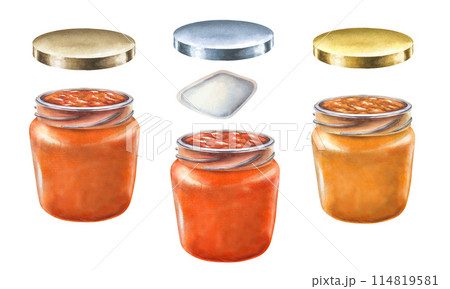 Apricot orange jam in an open glass jar is hand drawn with gold and silver metal lids. Watercolor illustration for templates of sweet harvest, summer fruits, juices, canned food, marmalade and sweets 114819581