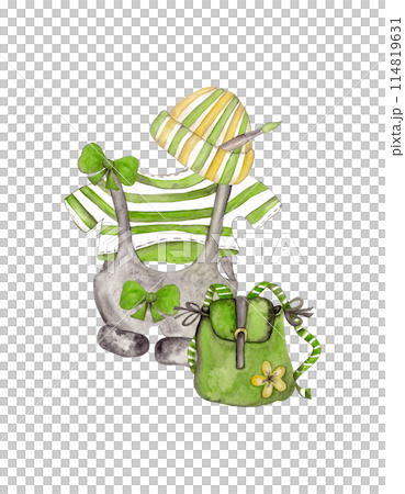 Back to school. Summer holidays. Trendy student clothes. Fashionable cartoon style. Isolated watercolor illustration element Back to school. Summer holidays. Trendy student clothes. Fashionable cartoon style. Isolated watercolor illustration element 114819631