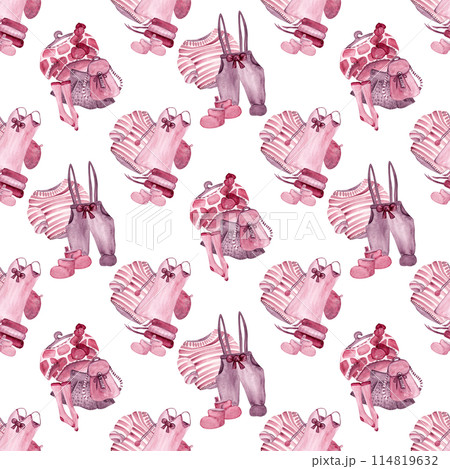 Back to school. Stylish look. Collection of fashionable clothes for girls. Artistic watercolor illustration. Seamless pattern, great design for any purpose 114819632