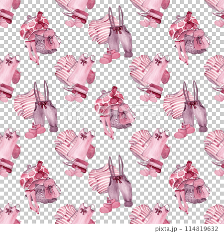 Back to school. Stylish look. Collection of fashionable clothes for girls. Artistic watercolor illustration. Seamless pattern, great design for any purpose 114819632