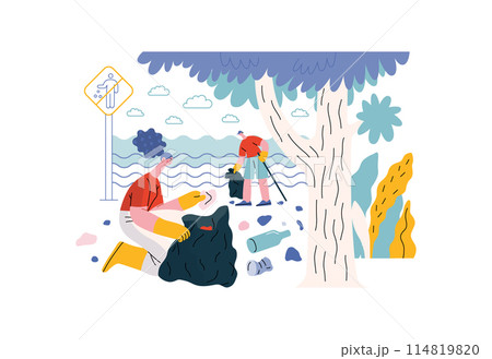 Mutual Support: Cleaning up trash, Garbage collection -modern flat vector concept illustration of people collecting trash on the beach A metaphor of voluntary, collaborative exchanges of resource Mutual Support: Cleaning up trash, Garbage collection -modern flat vector concept illustration of people collecting trash on the beach A metaphor of voluntary, collaborative exchanges of resource 114819820