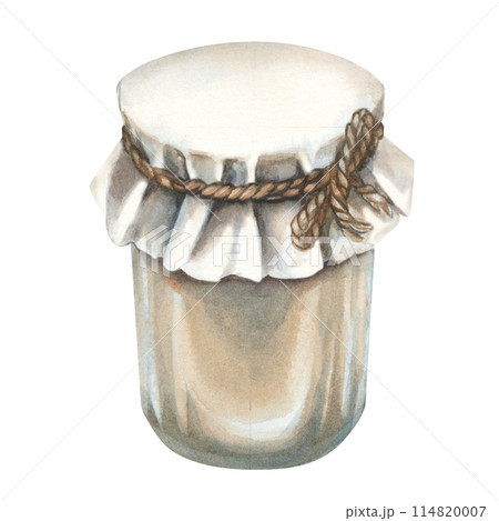 Universal glass jar with a paper lid for a variety of summer fruit jams. Watercolor illustration for design templates of sweet harvest, summer fruits, juices, canned food, marmalade and sweets Universal glass jar with a paper lid for a variety of summer fruit jams. Watercolor illustration for design templates of sweet harvest, summer fruits, juices, canned food, marmalade and sweets 114820007