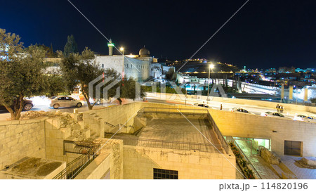 Jerusalem at night timelapse hyperlapse with the Al-Aqsa Mosque and the Mount of Olives 114820196