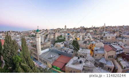 Skyline of the Old City in Jerusalem with historic buildings aerial timelapse, Israel. 114820244