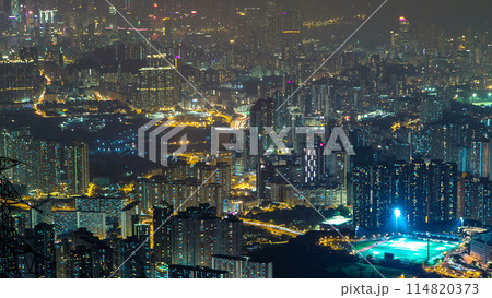 Fei ngo shan Kowloon Peak night timelapse Hong Kong cityscape skyline. 114820373