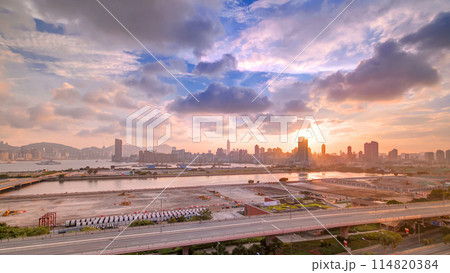 Top view of sunset in Hong Kong from kowloon bay downtown timelapse 114820384