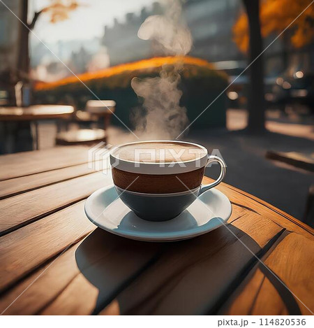 カフェのバルコニーに置いてある湯気の出る珈琲 カフェのバルコニーに置いてある湯気の出る珈琲 114820536
