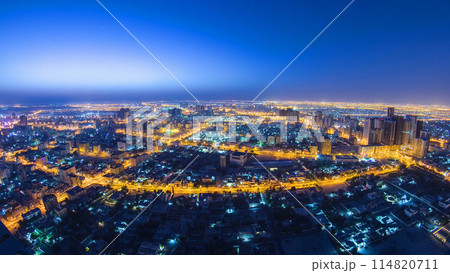 Cityscape of Ajman from rooftop night to day timelapse. Ajman is the capital of the emirate of Ajman in the United Arab Emirates. 114820711