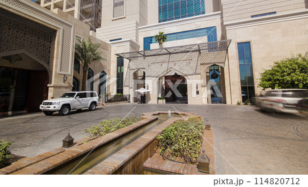 Building of luxurious 5-star hotel in Ajman timelapse nestled near the turquoise waters of Arabian Gulf. 114820712