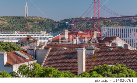 Aerial View Of Downtown Lisbon Skyline Of The Old Historical City timelapse And 25 de Abril Bridge In Portugal Aerial View Of Downtown Lisbon Skyline Of The Old Historical City timelapse And 25 de Abril Bridge In Portugal 114820761