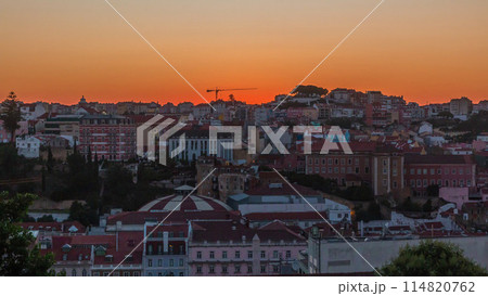 Sunrise over Lisbon aerial cityscape skyline timelapse from viewpoint of St. Peter of Alcantara, Portugal. 114820762