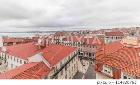 Lisbon aerial cityscape skyline timelapse from viewpoint of St. Jorge Castle, Portugal. 114820763