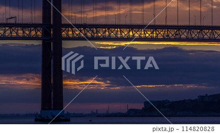 Lisbon city sunrise with April 25 bridge timelapse 114820828
