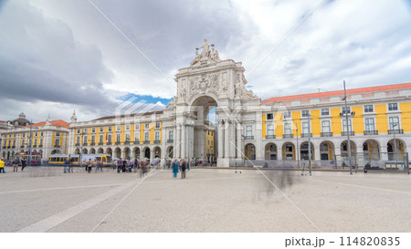 Triumphal arch at Rua Augusta at Commerce square timelapse hyperlapse in Lisbon, Portugal. Triumphal arch at Rua Augusta at Commerce square timelapse hyperlapse in Lisbon, Portugal. 114820835
