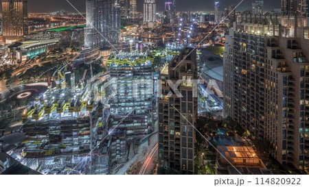 Amazing aerial view of Dubai downtown skyscrapers night timelapse, Dubai, United Arab Emirates 114820922