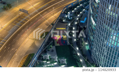 View of road with many cars in traffic night Timelapse Aerial 114820933