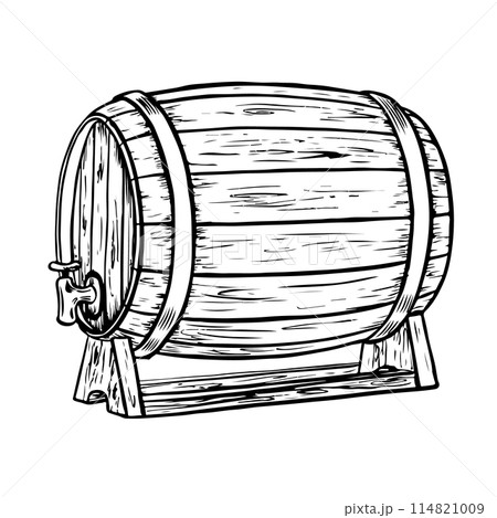 Vector wooden barrel. Hand drawn vintage illustration in engraved style. Alcohol, wine, beer or whiskey old wood keg. Great for pub or restaurant menu, label, poster, logo. Vector wooden barrel. Hand drawn vintage illustration in engraved style. Alcohol, wine, beer or whiskey old wood keg. Great for pub or restaurant menu, label, poster, logo. 114821009
