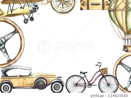 Border frame with vintage transports over land and sky Retro cars, bicycles, airplanes and balloons. A watercolor illustration made by hand. For banner, flyer, poster and printing. For postcards. Border frame with vintage transports over land and sky Retro cars, bicycles, airplanes and balloons. A watercolor illustration made by hand. For banner, flyer, poster and printing. For postcards. 114821010