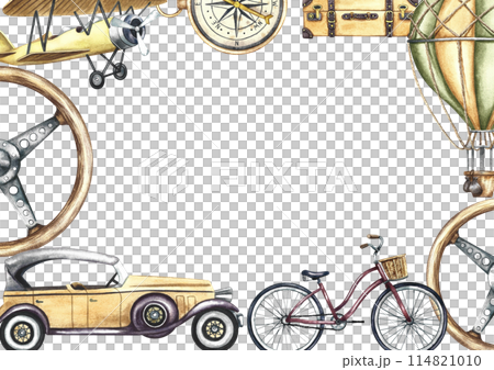 Border frame with vintage transports over land and sky Retro cars, bicycles, airplanes and balloons. A watercolor illustration made by hand. For banner, flyer, poster and printing. For postcards. Border frame with vintage transports over land and sky Retro cars, bicycles, airplanes and balloons. A watercolor illustration made by hand. For banner, flyer, poster and printing. For postcards. 114821010