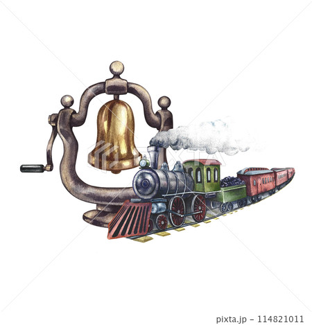 Vintage steam locomotive and steam locomotive bell. Traveling by train. Handmade watercolor illustration in vintage style. For postcards, badges and emblems, posters, prints or stickers, tickets. 114821011