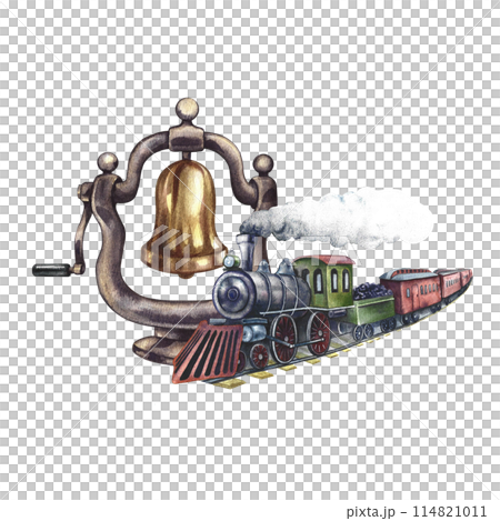 Vintage steam locomotive and steam locomotive bell. Traveling by train. Handmade watercolor illustration in vintage style. For postcards, badges and emblems, posters, prints or stickers, tickets. 114821011