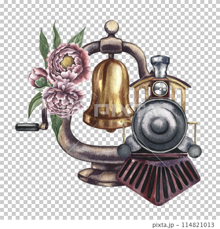 Vintage steam locomotive and locomotive bell decorated with flowers. Handmade watercolor illustration in vintage style. For postcards, badges and emblems for posters, prints or stickers, tickets. Vintage steam locomotive and locomotive bell decorated with flowers. Handmade watercolor illustration in vintage style. For postcards, badges and emblems for posters, prints or stickers, tickets. 114821013