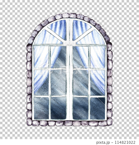 Retro window. Vintage vintage arched window with curtains. A hand-drawn watercolor illustration. Isolate it. A design element for home, children's games, postcards and decor. Retro window. Vintage vintage arched window with curtains. A hand-drawn watercolor illustration. Isolate it. A design element for home, children's games, postcards and decor. 114821022
